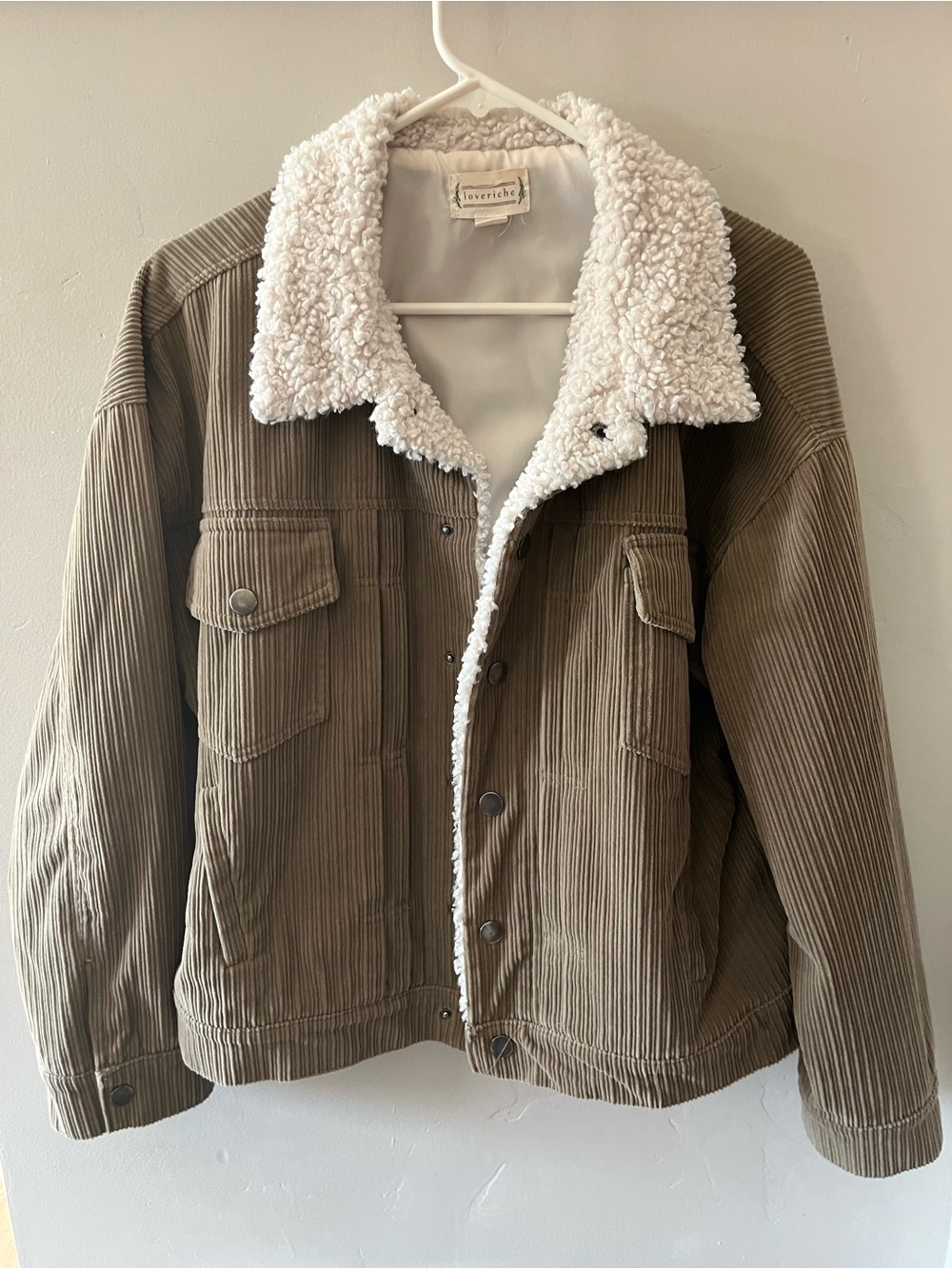 Love Tree Olive Corduroy Jacket with White Sherpa Collar